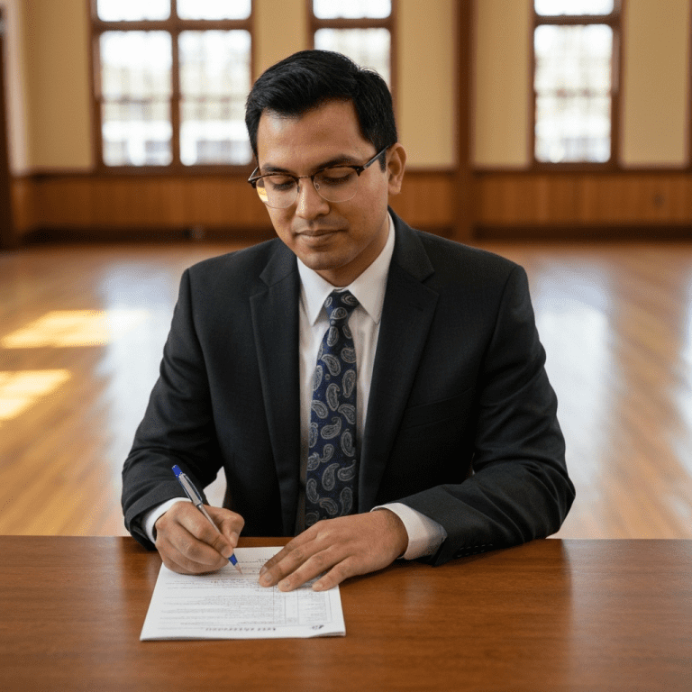 Portrait of an immigrant applicant in a warmly lit community center, looking hopeful and dignified.