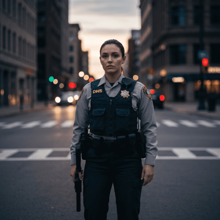 Retrato de un oficial de campo del DHS en una calle de la ciudad al anochecer, transmitiendo vigilancia y autoridad con luces urbanas borrosas de fondo