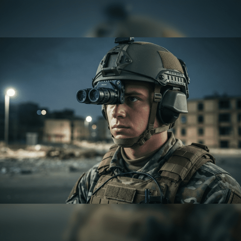 Portrait of a National Guard member in tactical gear in a dim hallway, conveying resilience after a shooting.