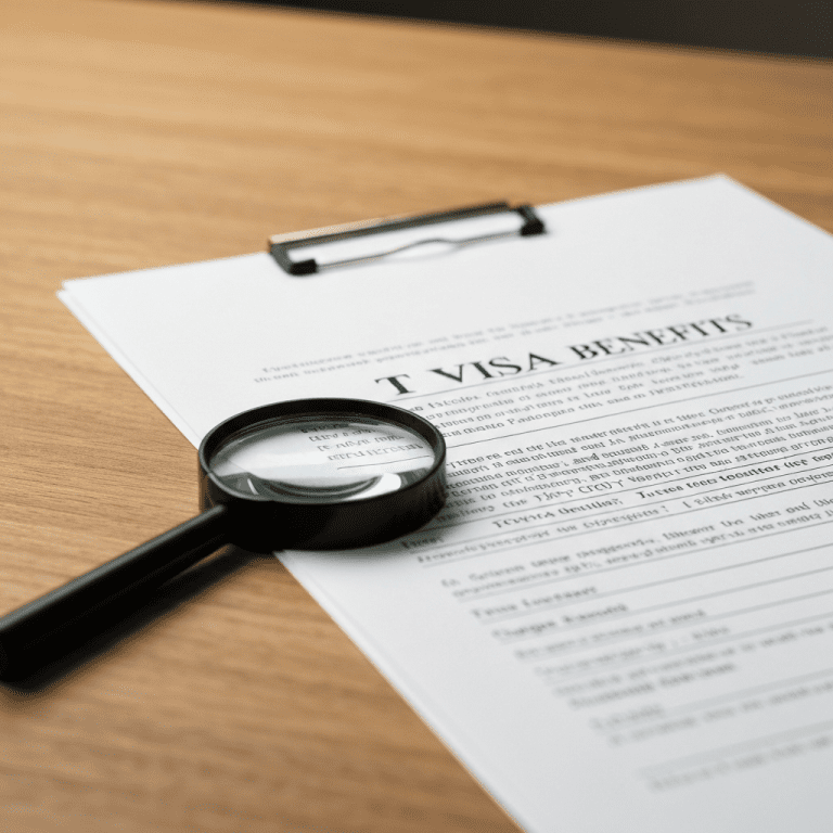 Desk scene with documents showing T visa benefits