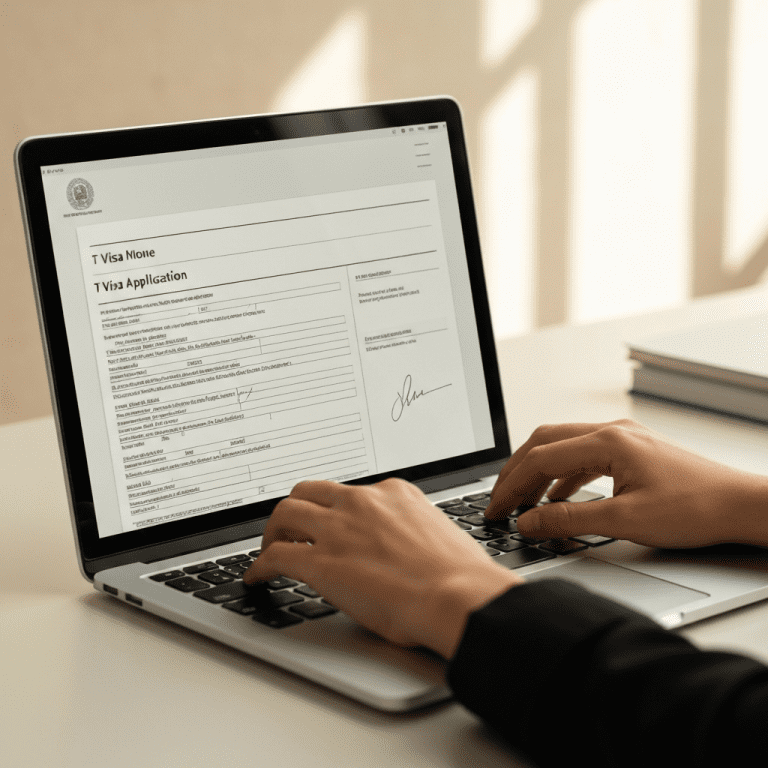 Manos escribiendo en una computadora portátil para la solicitud de beneficios de la visa T