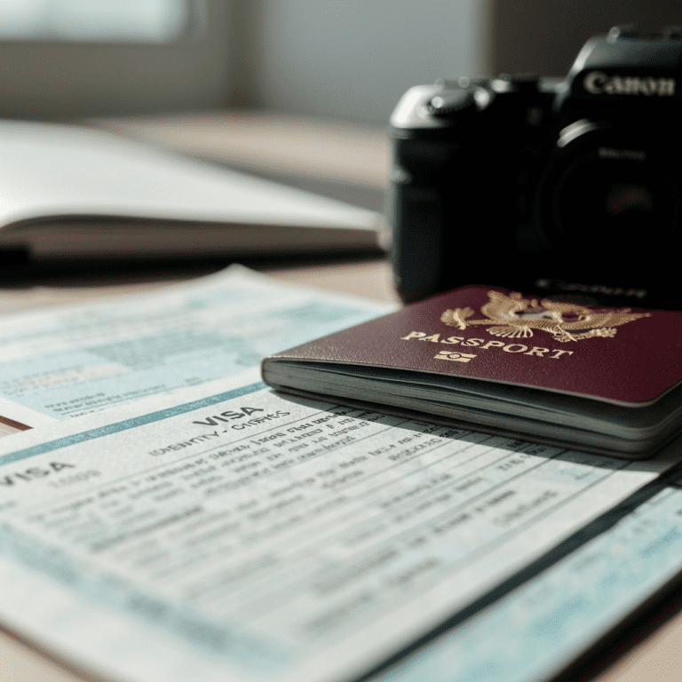 primer plano macro de documentos de pasaporte y visa en un escritorio