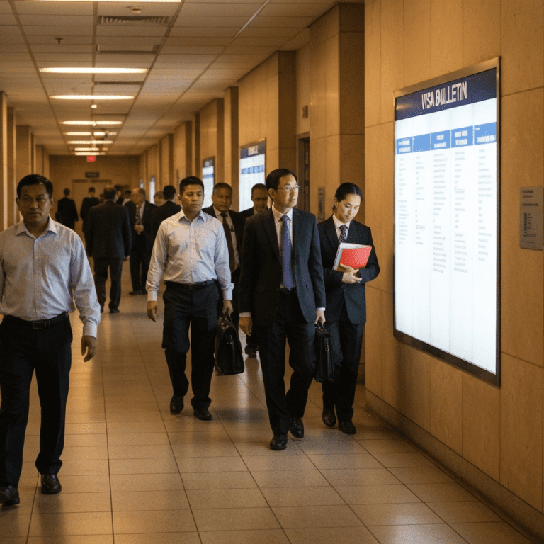 Wide environment shot of a government office corridor with applicants and a Visa Bulletin board.