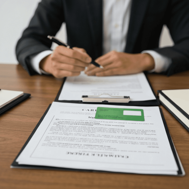 Objects and papers symbolizing green card through marriage requirements