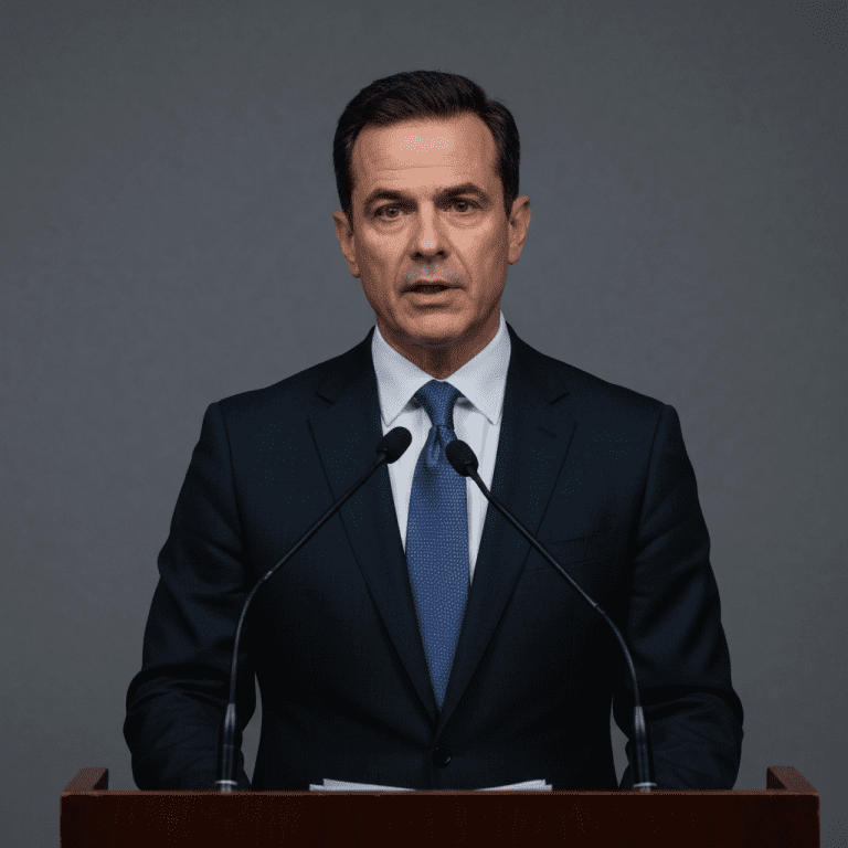Portrait of a government official at a podium announcing visa suspensions, studio lighting, Canon EOS R5, 85mm lens.