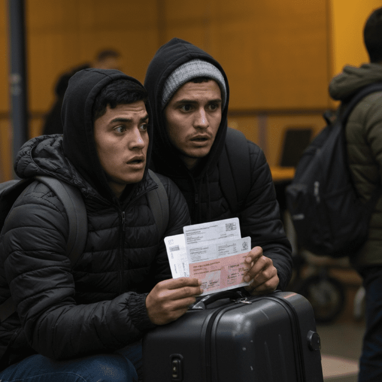 Portrait of a migrant at a check-in desk with warm window light, conveying resilience.