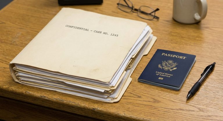 Carpeta con documentos legales y pasaporte para la solicitud de family reunification visa sobre un escritorio.