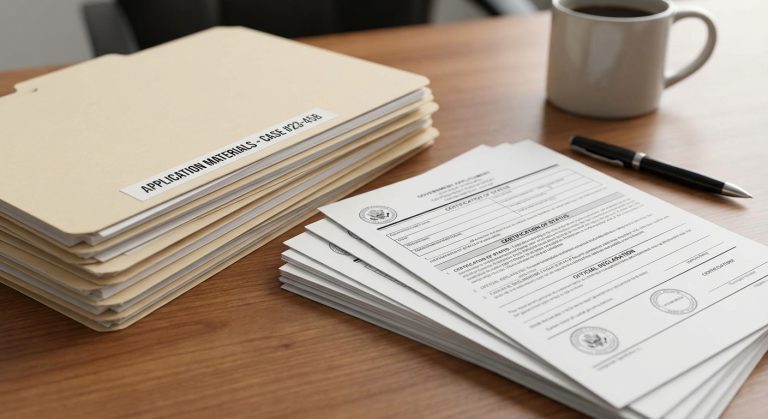Documentos legales y formularios oficiales sobre un escritorio que explican el significado de su visa en un entorno profesional.