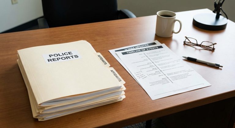 Mesa de escritorio con expedientes organizados, un reporte policial y una linea de tiempo de actualizaciones u visa news