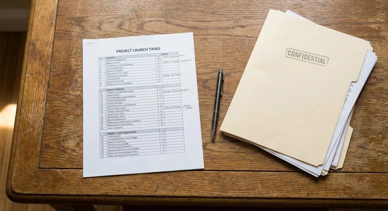 Una lista de tareas de vawa, lista de verificación de requisitos sobre un escritorio de madera con una pluma.