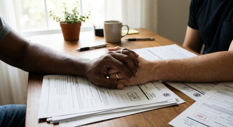A close up of a couples hands holding each other on top of immigration papers on a desk.