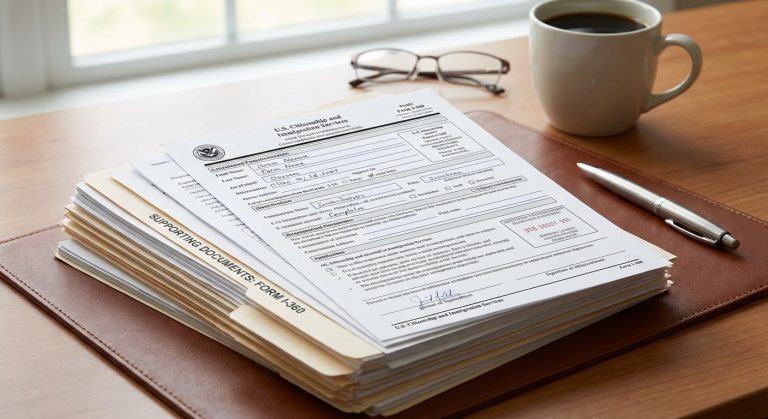 Un primer plano de los trámites legales para una tarjeta verde vawa​ sobre un escritorio de madera con un bolígrafo.