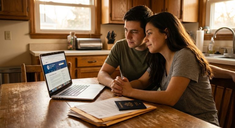 Una pareja sentada en una mesa mirando una computadora portátil y documentos de inmigración, tomados de la mano.