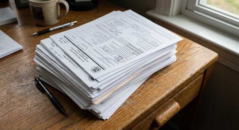 Una pila detallada de formularios oficiales para un ajuste de estatus después del matrimonio​ sobre un escritorio.