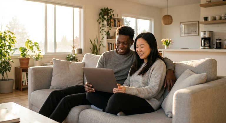 Una pareja diversa se sienta junta en un sofá, mirando la pantalla de una computadora portátil con expresiones esperanzadas en una sala de estar luminosa.