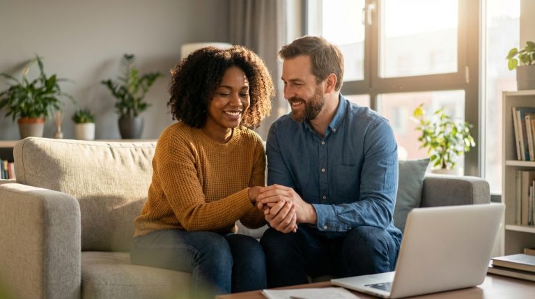Una pareja diversa sentada en un sofá mirando una computadora portátil en una habitación luminosa.