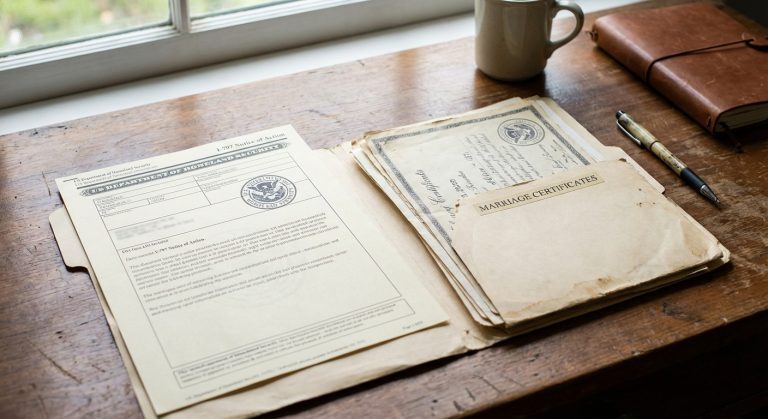 A document folder and I-797 notice explaining what is the next step after i-130 approval for spouse.