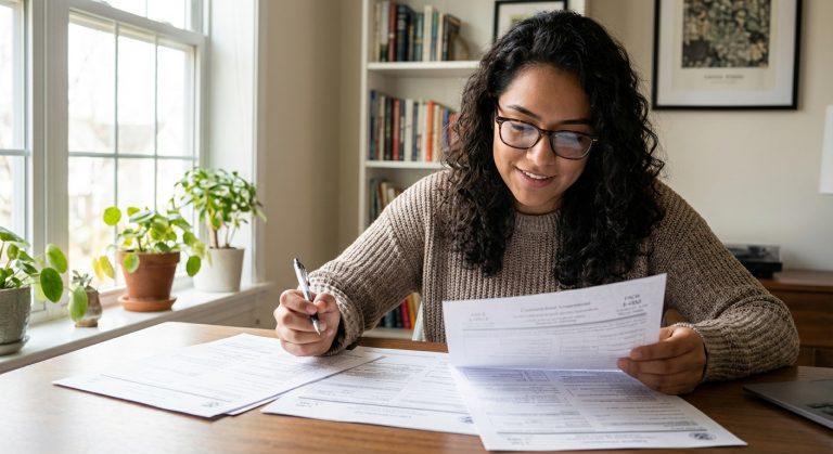 A focused young woman reviews official immigration forms at a home office desk with natural light.