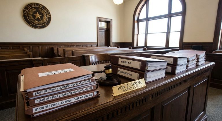 Un tribunal formal de Houston con archivos legales que ilustran el cambio de política de las audiencias de fianzas de hielo y los procedimientos judiciales.