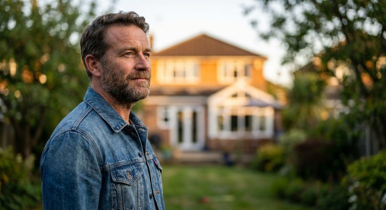 A man in his 40s looks toward his home with a sense of quiet determination and hope during golden hour.