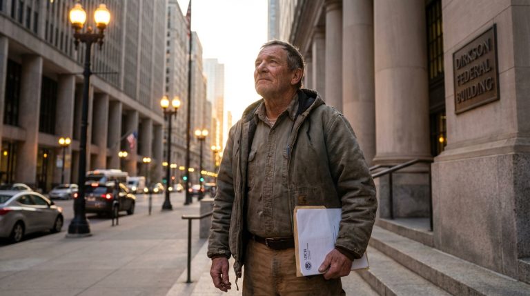 A man stands outside a Chicago federal building holding an official document, looking hopeful after a court order for release.