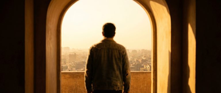 A person stands in a sun-drenched doorway looking out at a city skyline, symbolizing a new beginning and legal safety.