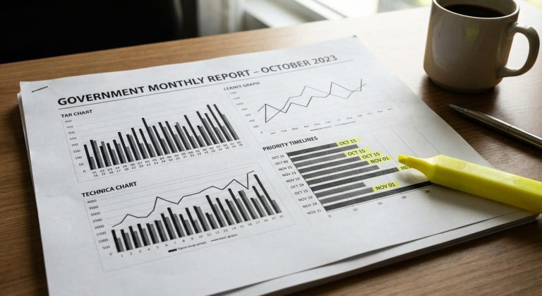 Un informe mensual impreso que muestra tablas y fechas de prioridad relacionadas con el boletín de visas 2026 en un escritorio.