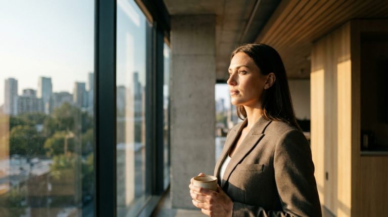Una mujer profesional mira por una ventana luminosa con una expresión esperanzada.