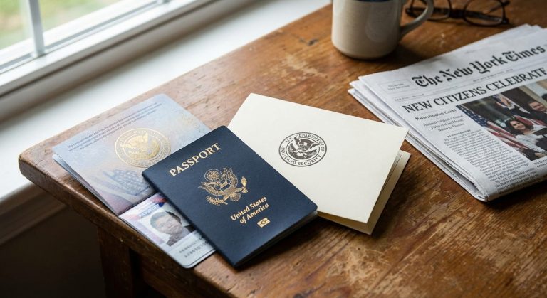 Un pasaporte y un certificado estadounidenses sobre un escritorio, que representan cómo los ciudadanos estadounidenses naturalizados temen las nuevas políticas de inmigración de Trump.