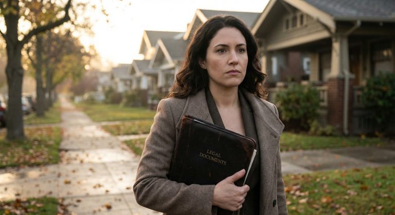 A woman standing on a suburban street holding a professional folder, looking resilient and serious.