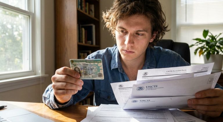 A young adult sits at a desk looking at a stack of official immigration documents and forms, expressing a look of patient resilience.