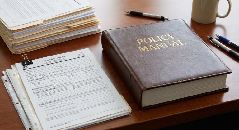 Un manual de políticas oficial y el formulario I-130 sobre un escritorio, que representan cómo USCI emite nuevas directrices políticas para las peticiones de visas de inmigrantes basadas en la familia​.​
