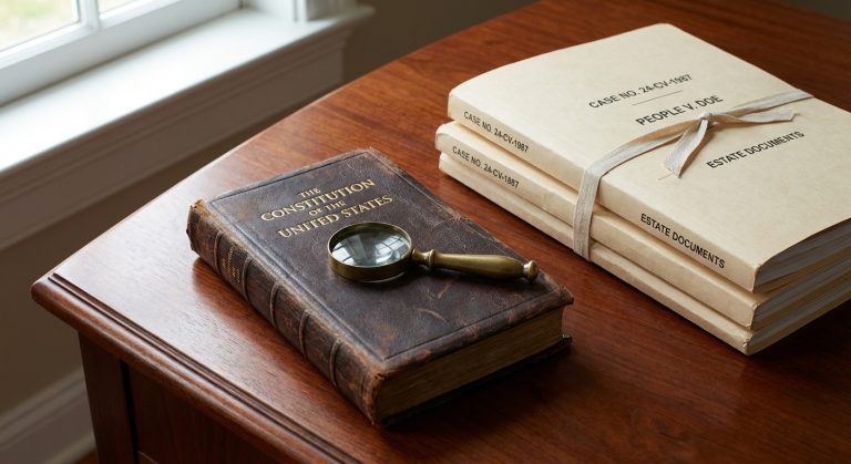 Libro de la Constitución sobre un escritorio de madera planteando si los inmigrantes ilegales tienen derechos constitucionales de manera formal.