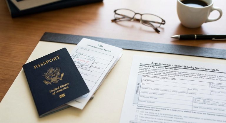 Documentos oficiales para una visa k1 ssn antes o después del matrimonio, incluido un pasaporte y el formulario I-94.