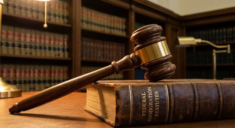 A close-up of a wooden gavel resting on a legal book titled Federal Immigration Statutes.
