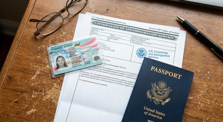 Un primer plano de documentos que incluyen un aviso del Formulario I-797 para una solicitud de renovación de tarjeta verde en un escritorio.