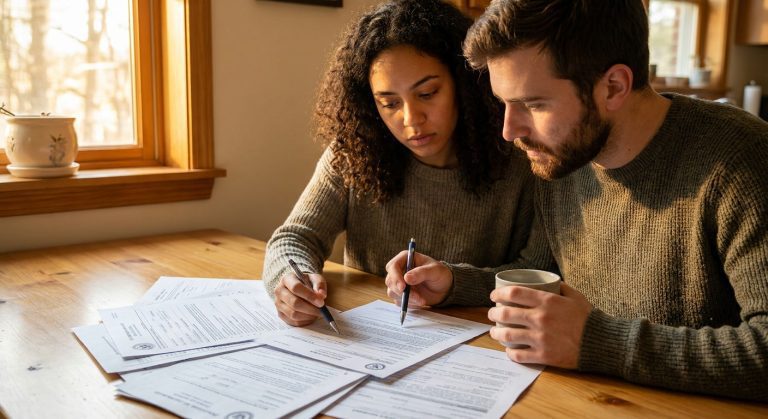 A diverse couple sits at a wooden table together, focused on reviewing a stack of official government immigration documents.