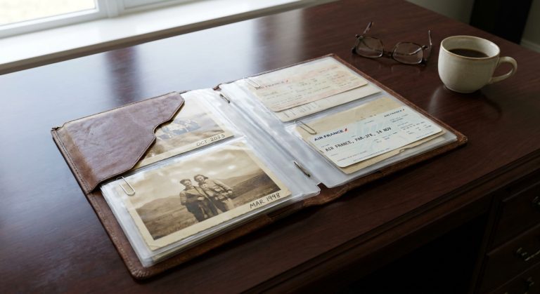 Una carpeta ordenada que contiene pruebas y fotografías para prepararse para las preguntas de la entrevista para la visa k1.