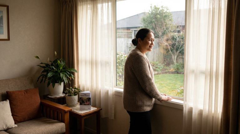 A person looks out of a sunlit window with a calm expression, symbolizing safety and hope for the future.