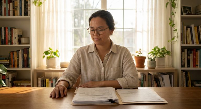 A person sits at a desk with official immigration documents, their hands resting near the forms in a sunlit room.