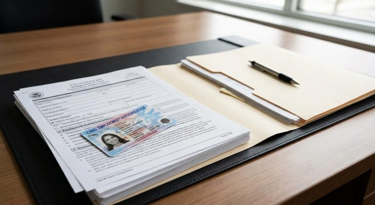 Una tarjeta de permiso de trabajo vawa física colocada encima de los documentos oficiales de inmigración en un escritorio de madera.