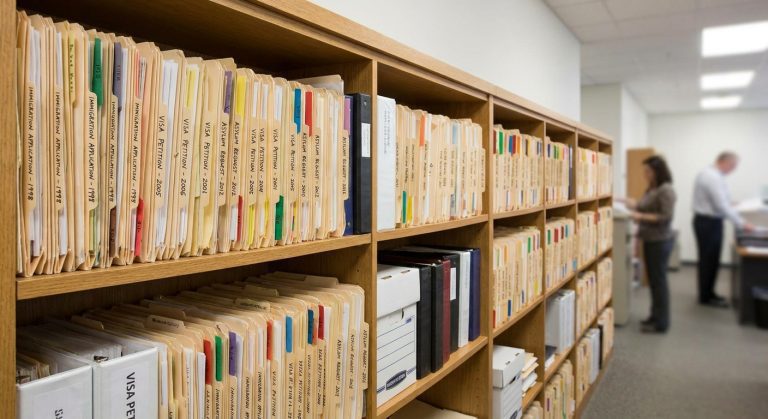 Una fila de archivos legales organizados que representan la lista de espera cronológica de visa u para los solicitantes.