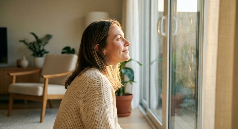 Perfil lateral de una mujer mirando por una ventana el amanecer, con expresión de esperanza y alivio después de un largo viaje.
