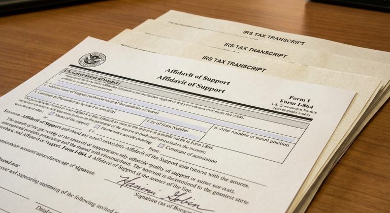 Un formulario de declaración jurada de apoyo firmado colocado en un escritorio junto a los documentos oficiales de transcripción de impuestos federales.