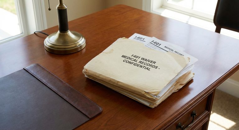 Una gruesa carpeta de documentos legales que contiene documentación para una exención I-601 y registros de evidencia médica de respaldo.