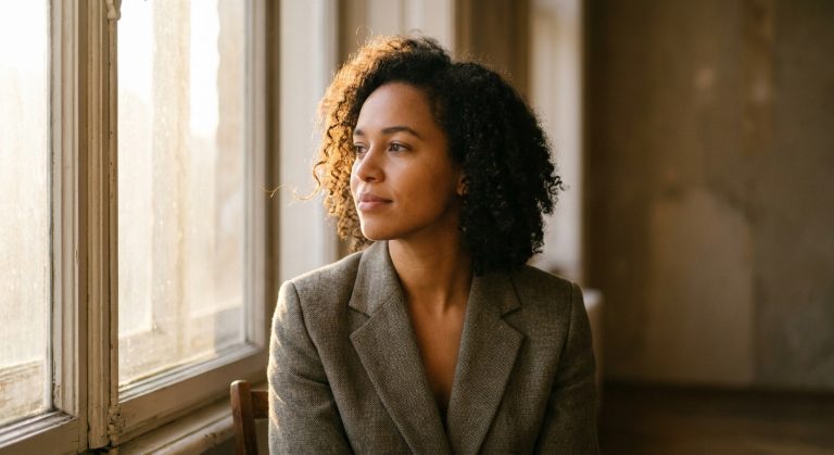 A woman looking out a window with a peaceful and resilient expression in soft morning light.