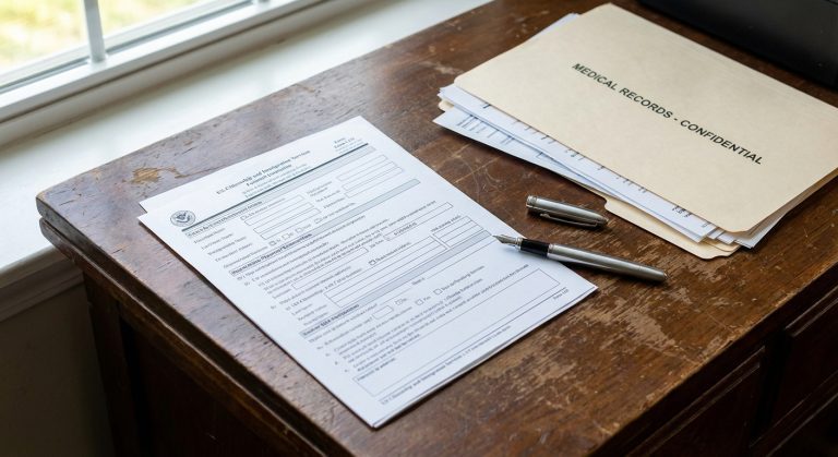 Un escritorio de madera que muestra el formulario I-131 y los registros médicos necesarios para solicitar el permiso humanitario.