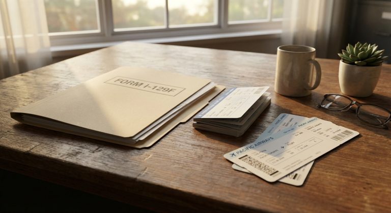 Un escritorio de madera con el formulario I-129F y documentos de viaje preparados para el largo viaje en el tiempo de procesamiento de la visa k1.