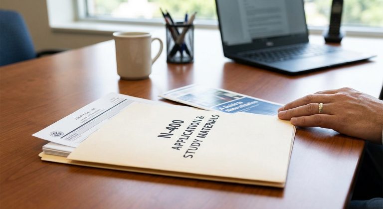 Una carpeta organizada con documentos y materiales de estudio para las preguntas de la entrevista de ciudadanía en un escritorio de madera.