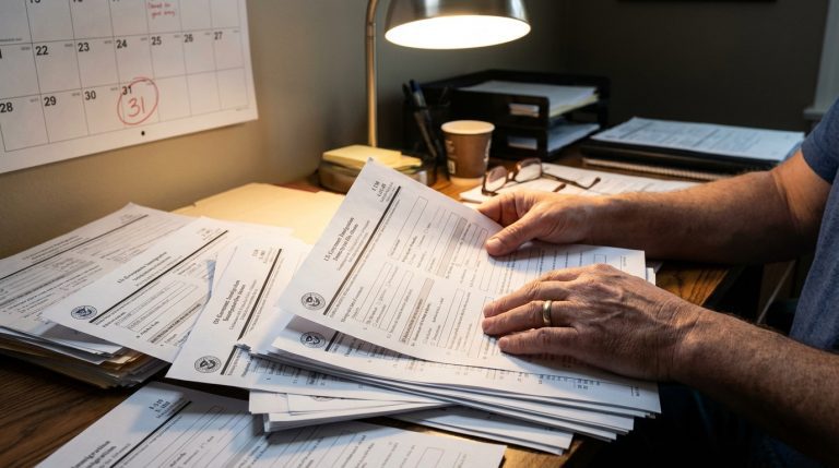 Manos organizando una pila de documentos de inmigración en un escritorio con una fecha límite marcada con un círculo en un calendario al fondo.